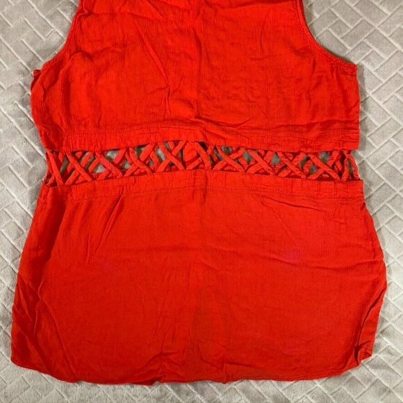 Luca Couture Womens Large Blouse Red Collared Button Up Gauzy Rayon Sleeveless - Picture 10 of 10